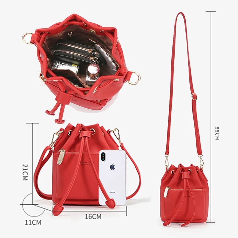 Fashion Bucket Bags Women Drawstring Handbags Women Synthetic Leather Shoulder Messenger Bag Female Crossbody Lady Elegant Purse
