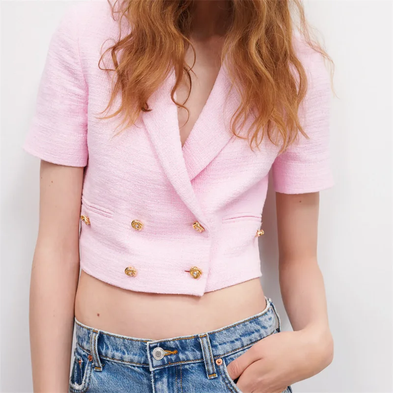 

ZXQJ Women 2021 Fashion With Buttons Tweed Cropped Blazer Coat Vintage Long Sleeve Female Outerwear Chic Veste Female