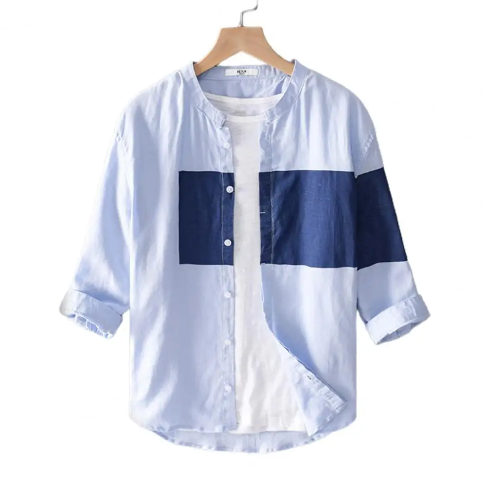

2021 Men Shirt Three-quarter Sleeve Button-Up Summer Stitching Color Lapel Men Plus Size Shirts camisa masculina рубашка мужская