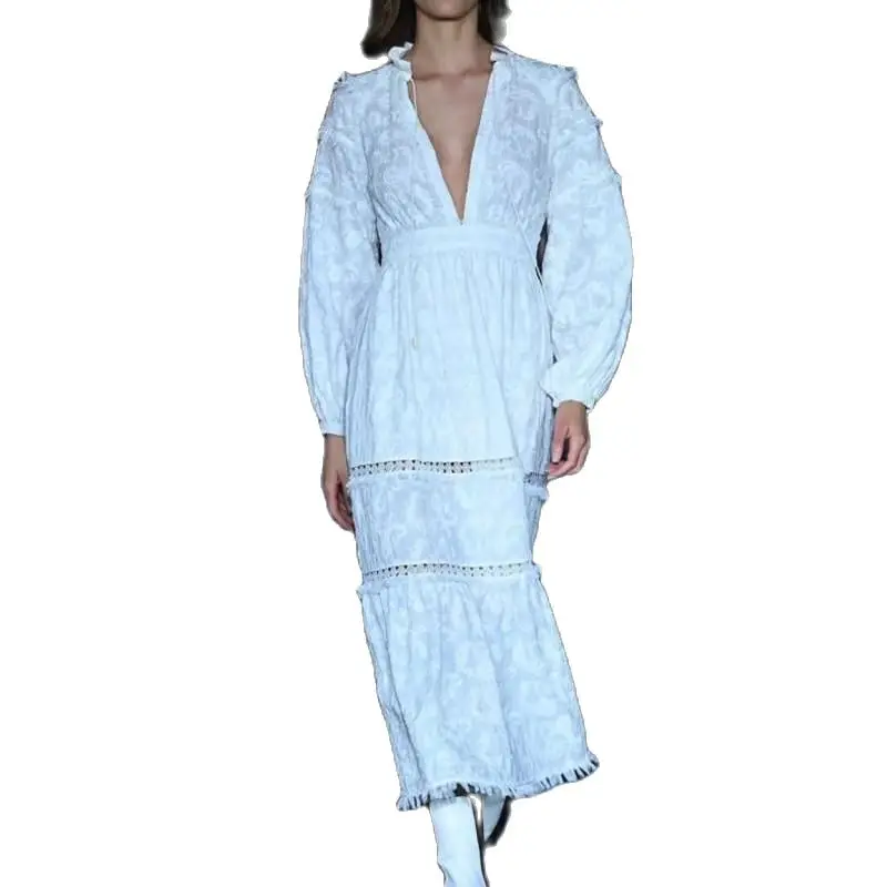 

GetSpring женское платье темпераментная Цветочная вышивка Глубокий V-образный вырез рукав-фонарик бахрома вышивка белые вечерние платья осень ...