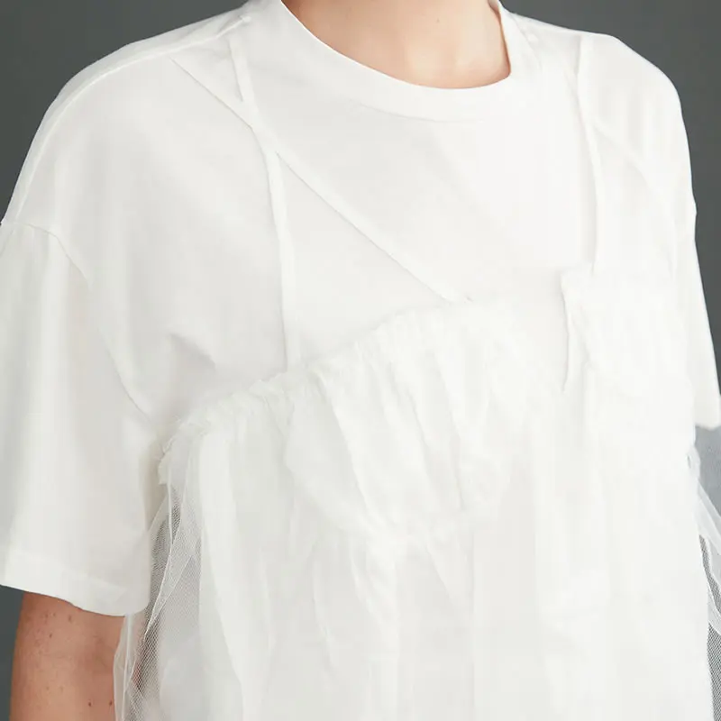 

XITAO Irregular Mesh Patchwork Women T-shirt Summer New Solid Color Top Fashion Simplicity O-neck Collar Loose All-match CLL1824