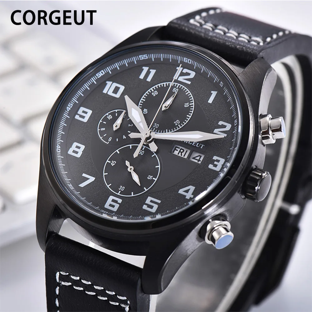 CORGEUT  Best Selling Men Quartz Wristwatches Luxury Brand Fashion Watch Men Waterproof Leather Watch  Male Clock Мужские часы