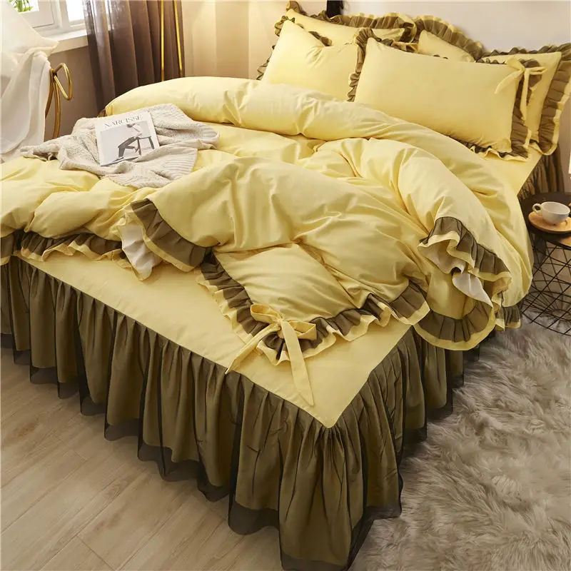 

Yellow lace Bedding Set twin Full Queen King Bedspread princess Duvet Cover sets Pillowcase girls bed skirt luxury bedclothes