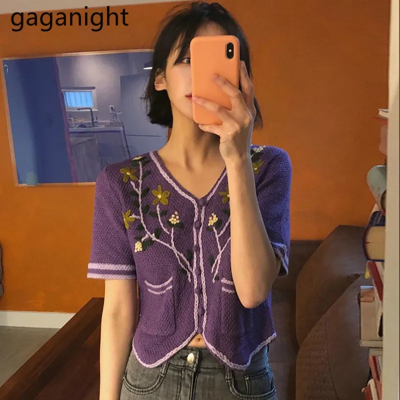 Женский однобортный Топ с цветочной вышивкой Gaganight Повседневная тонкая верхняя