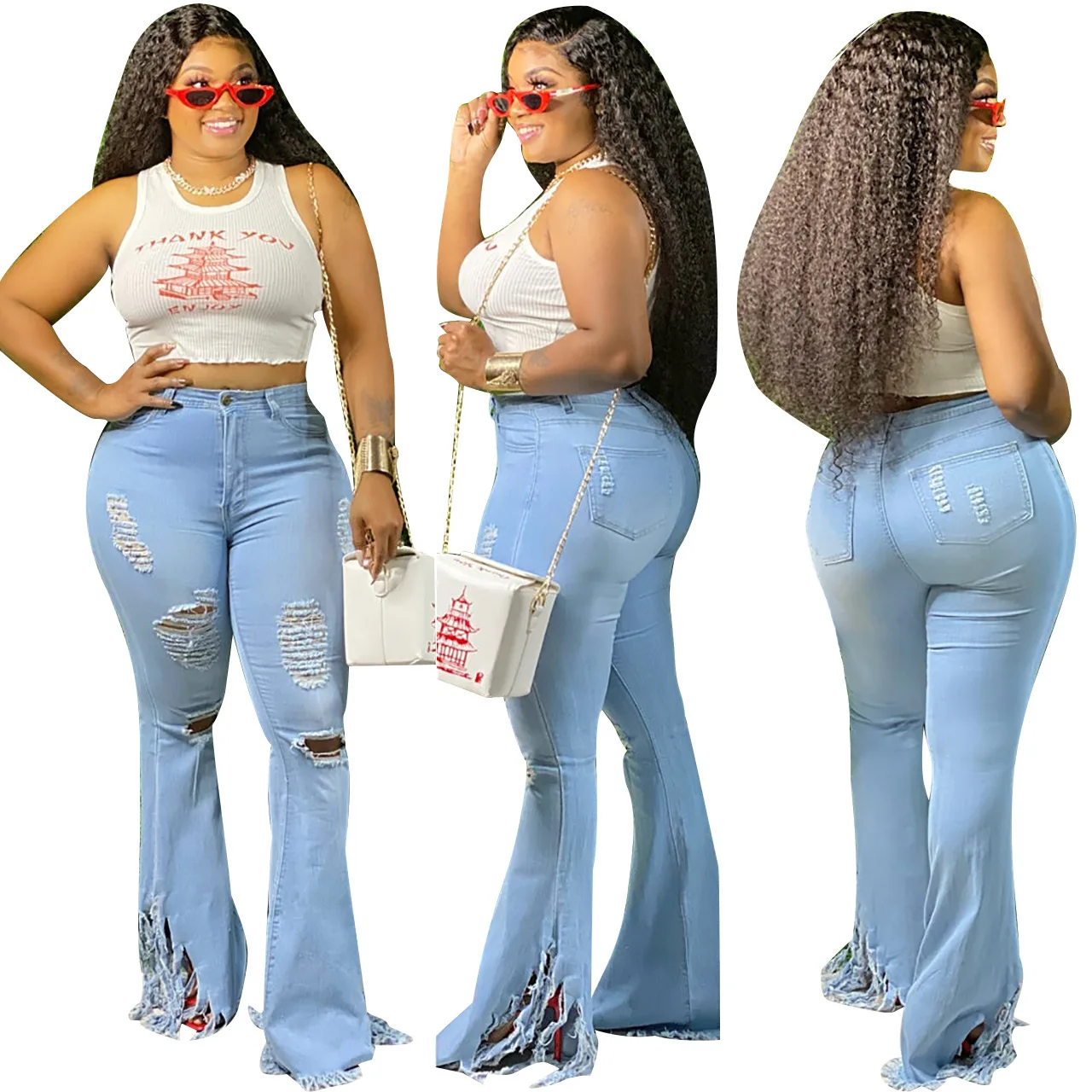 

Flare Denim Pants Women Hole-breaking Denim Tassel Ladies High Waist Stretch Pocket Trousers 2020 Fashion Plus Size Jeans
