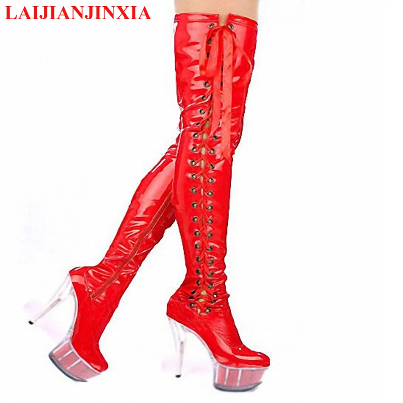 

New 15cm high-heeled shoes crystal cutout boots over-the-knee platform boots Thigh High 6 inch lady strappy pole dancing boots