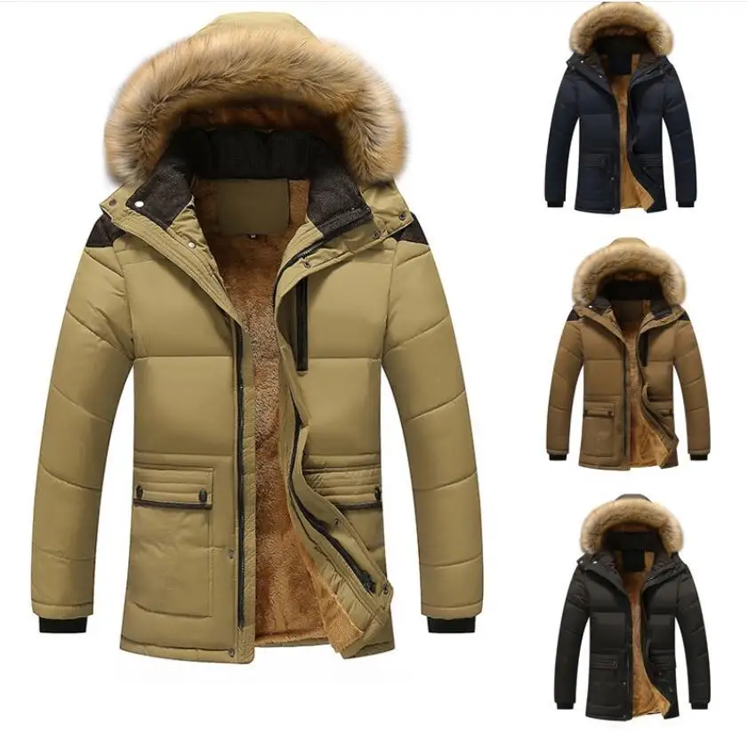 Мужские зимние куртки, зимняя мужская теплая толстая пуховая куртка с капюшоном, хлопковая куртка с большим меховым воротником