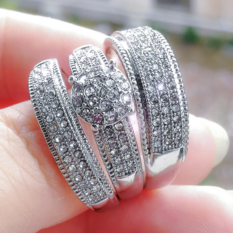 

3Pcs/Set Luxury Women Fashion Natural White Crystal AAA Cubic Zirconia Ring Set Bridal Wedding Jewelry Size 5-12