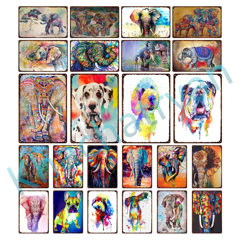 

Металлическая табличка Красочные животные слон собака пластина Ретро Живопись Железный жестяной знак Настенная картина для сада дома гост...