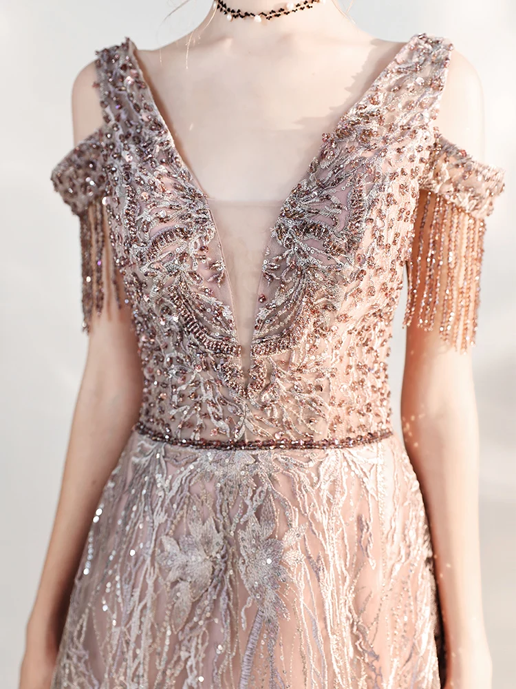 

SSYFahion New High-end Beading Sequined Evening Dress Banquet Elegant Luxury V-neck Floor-length Formal Gowns Vestido De Noche