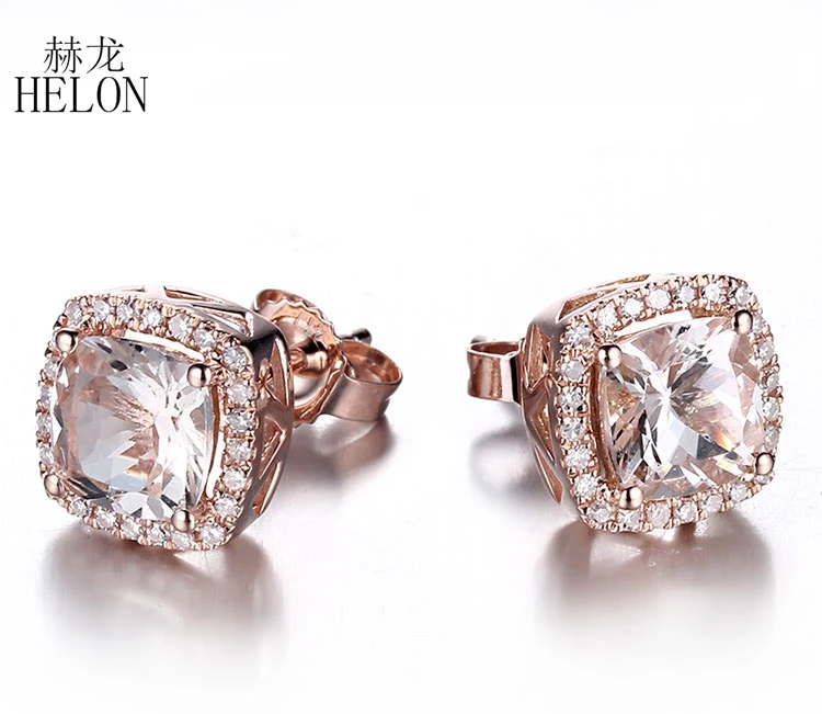 

HELON Подушка 6 мм Morganite серьги Твердые 10 к розовое золото натуральная шпилька с алмазами серьги для женщин День рождения Юбилей лучший подарок