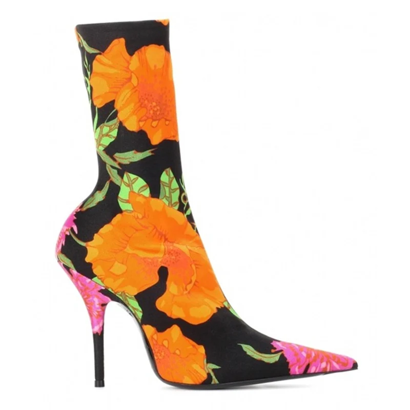

footwear ankle boots high-heels woman booties short elastic female fashion fall autumn ladies sexy thin shoes green flower print