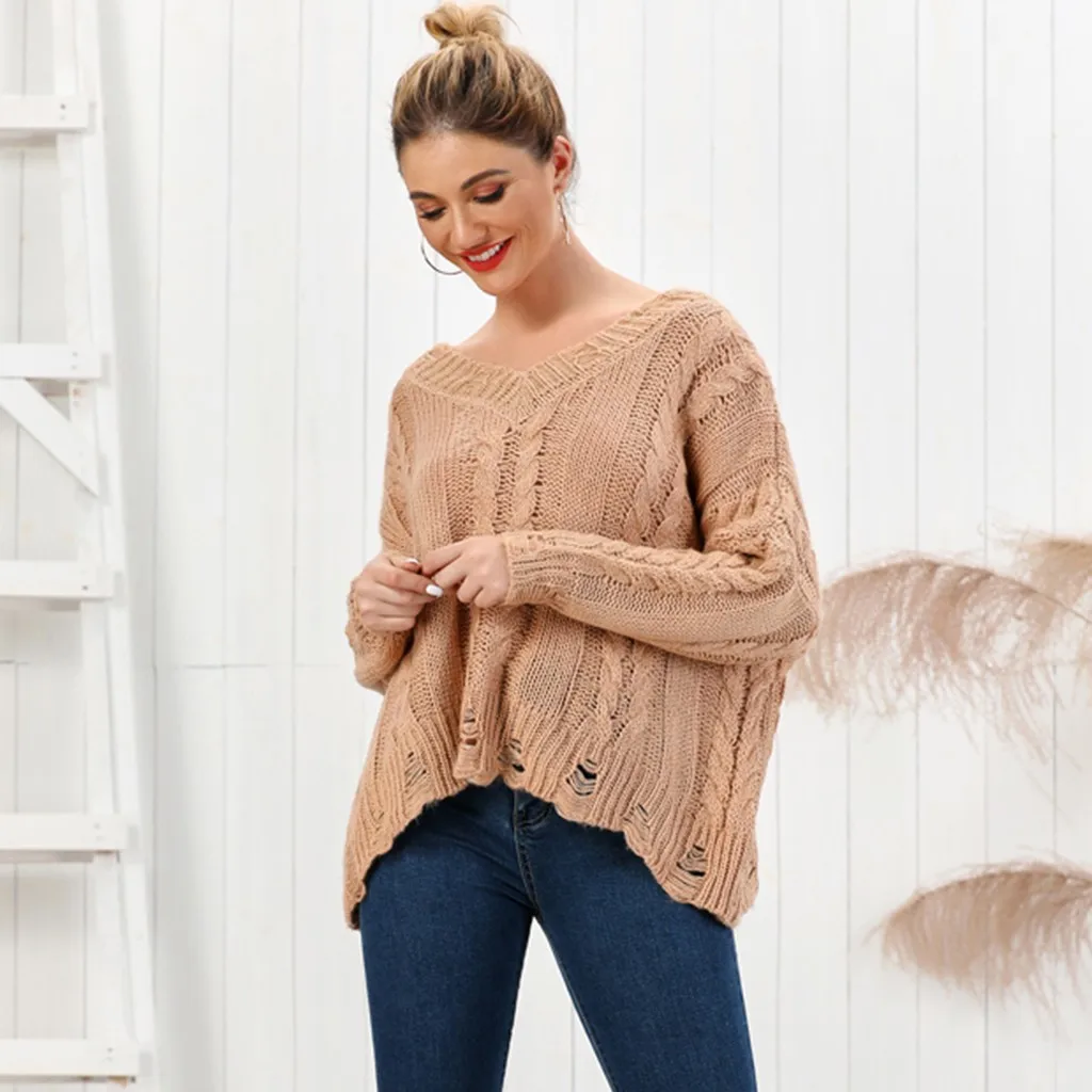 New Women Block Hole Solid Sweater Knitwear V-Neck Long Sleeve Stylish Pullover Casual knitting Soft Tops | Женская одежда