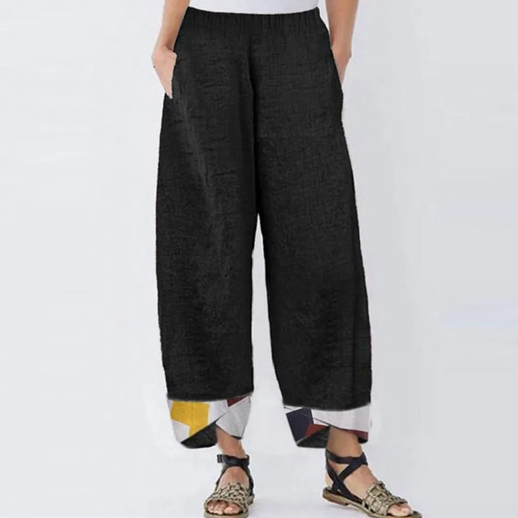 

Vintage Cotton Linen Print Pants Women Summer Elastic Waist Trousers Pantalon Casual Asymmetrical Loose Cropped Leg Pants