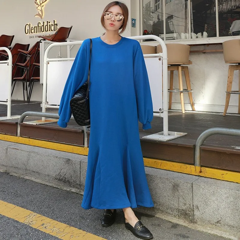 LANMREM 2020 New autumn O-neck Solid Color Mid-length Ruffled Fishtail Dress High Street Temperament Loose Big Size PD067 | Женская