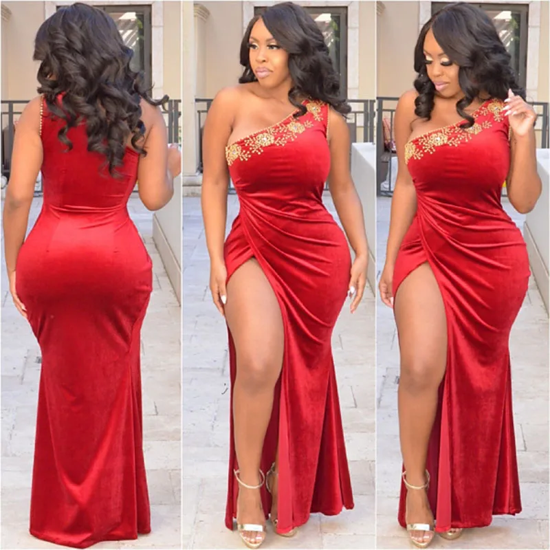 

Бархатное платье для выпускного вечера на одно плечо, арабское искусство, Дубай, красные бусины, разрез по бокам, официальный кафтан, платье-Русалка для вечерние