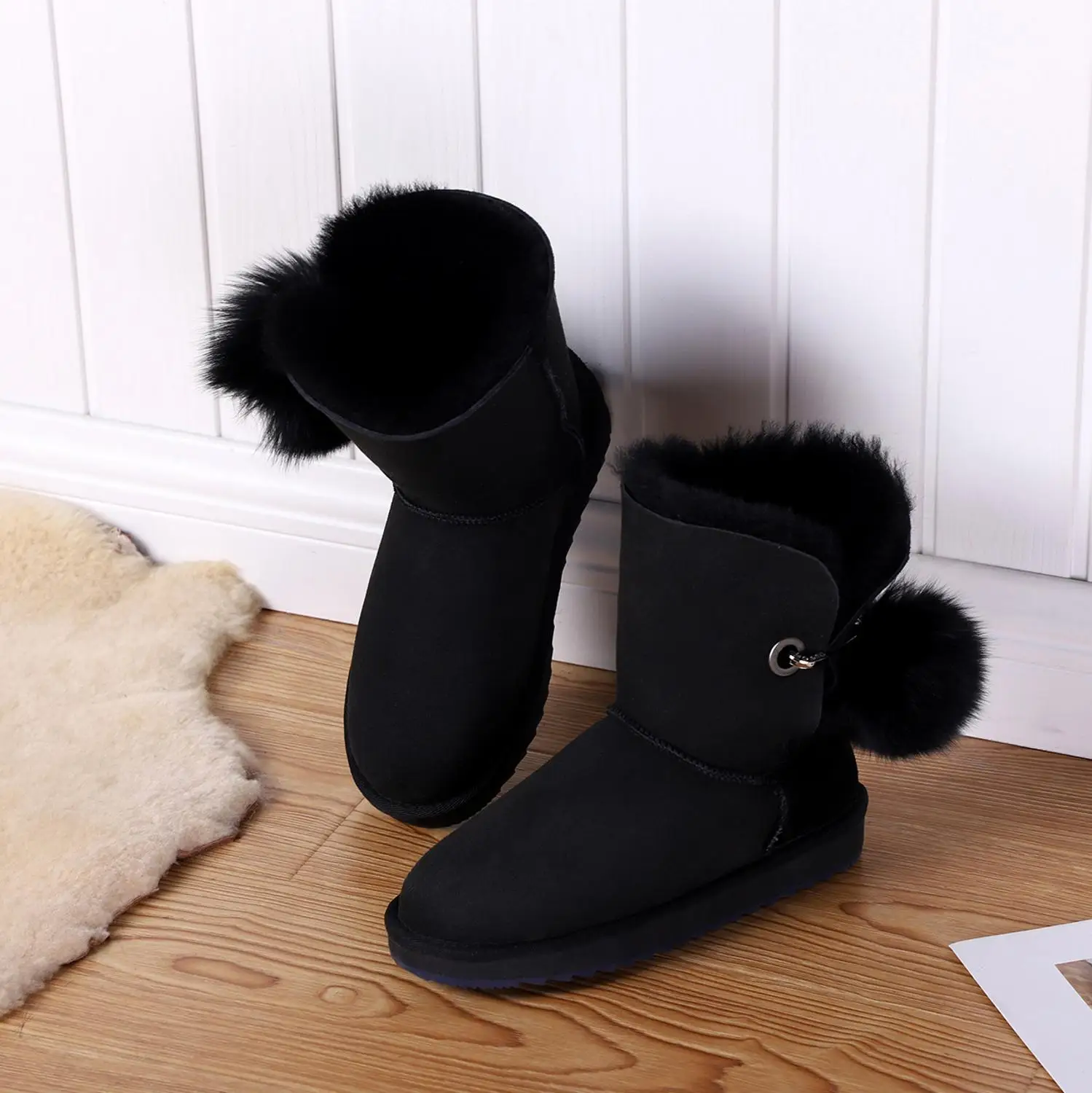 Женские замшевые ботинки FVMX с помпоном и стразами зимняя обувь из овечьей кожи