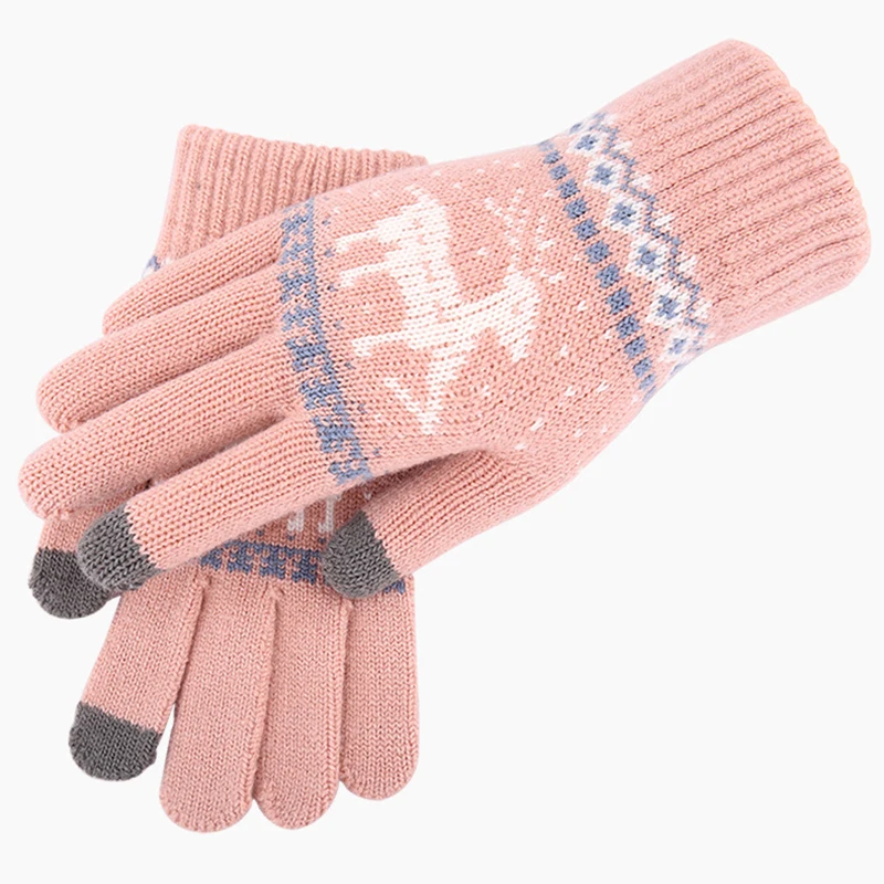 Women NEW Christmas Elk Deer Gloves Knitted Thicken Winter Warm Touch Screen Gloves Full Finger Mittens Red Pink Black Gloves