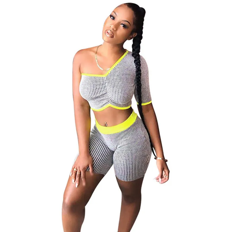 

Striped Print Tracksuit Women Two Piece Set Summer One Sleeve Crop Top + Biker Shorts Casual Fitness Sporty Matching Set Outfits