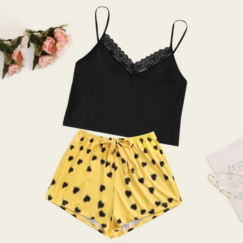 

Laamei Spaghetti Strap Lace Pajama Set Sleeveless Trim Pyjamas Sleep Shorts Set Lace Pijama Suit Sleepwear Women Sexy Nighties