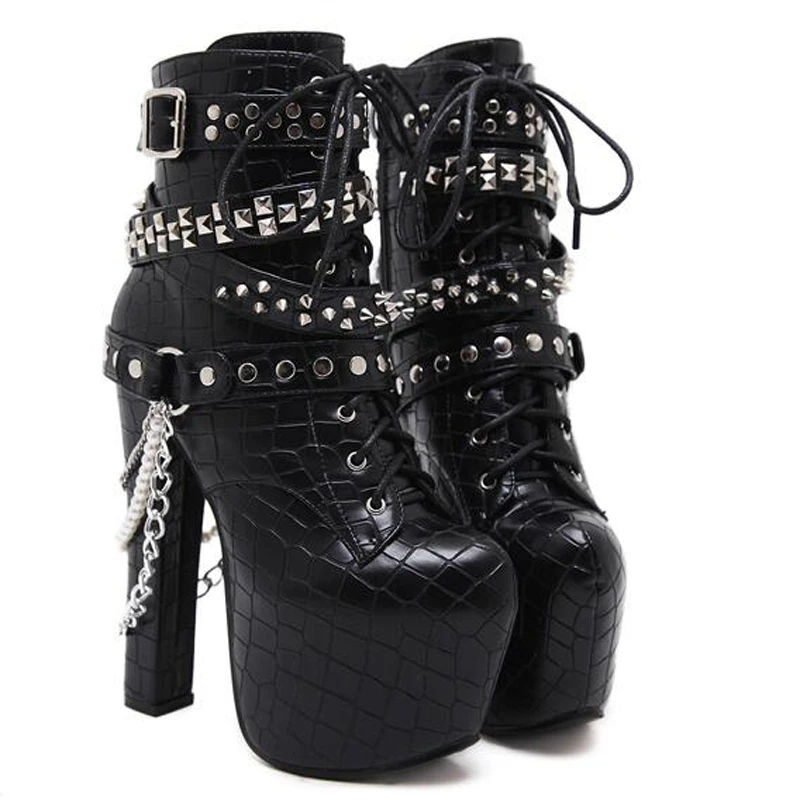 Botas de moto con remaches y Cadenas de Metal para mujer, zapatos de tacón demonias superalto, botines de plataforma, estilo gótico Punk Rock