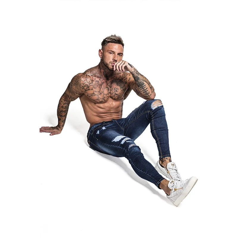 VOMINT мужские обтягивающие Стрейчевые отремонтированные джинсы темно синие в