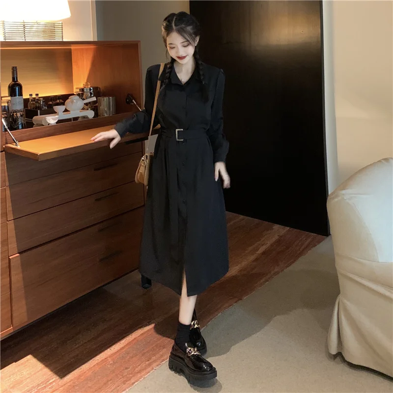 Early Autumn 2021 New Women's Dress Temperament Small Man Waist Closing French Fashion Medium and Long Black Skirt | Женская одежда