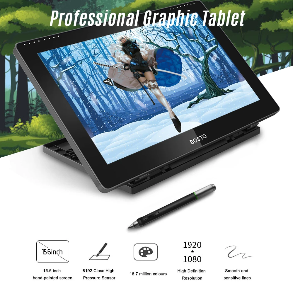 

2022. BOSTO 16HDT Portable 15.6Inch H-IPS LCD grafik tablet Drawing Tablet Display 8192 Pressure Level Passive with Stylu Pen
