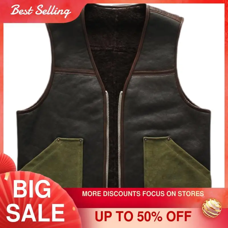 

2021 Dark Brown Casual Style Genuine Shearling Vest Men Large Size 4XL Real Natural Sheepskin Slim Fit Short Spring Coat
