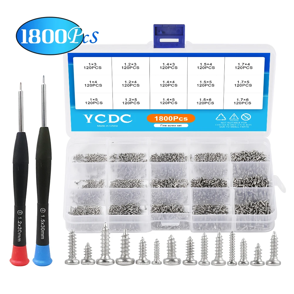 

1800Pcs/Set Glasses Phone Screws Cross Recessed Pan Head Tapping Screws M1 M1.2 M1.4 M1.5 M1.7 Electric Small Mini Screw Kit