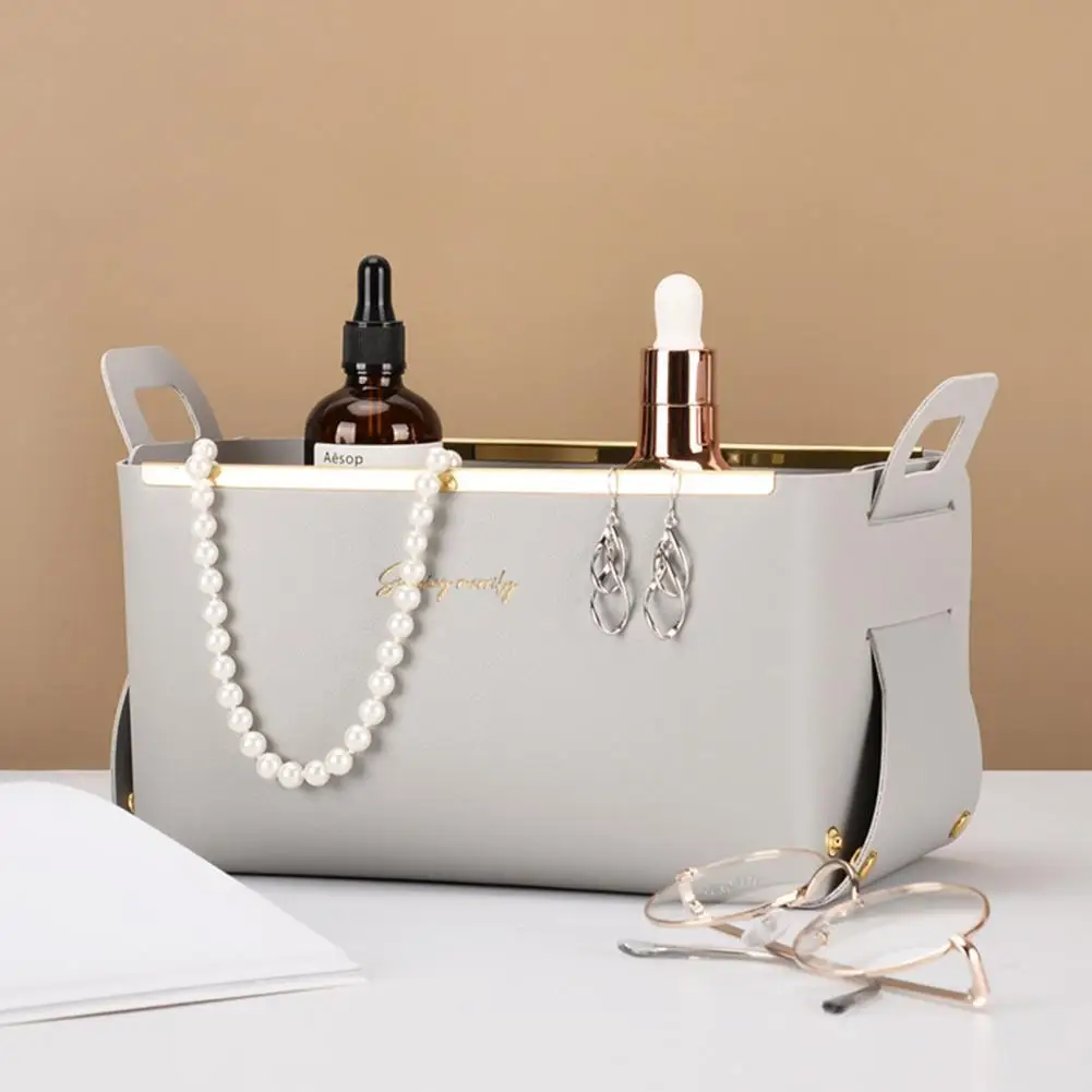 

Nordic Style Cosmetic Container With Handle High Capacity Folding Faux Leather Creative Desktop Storage Box Organizer Tray