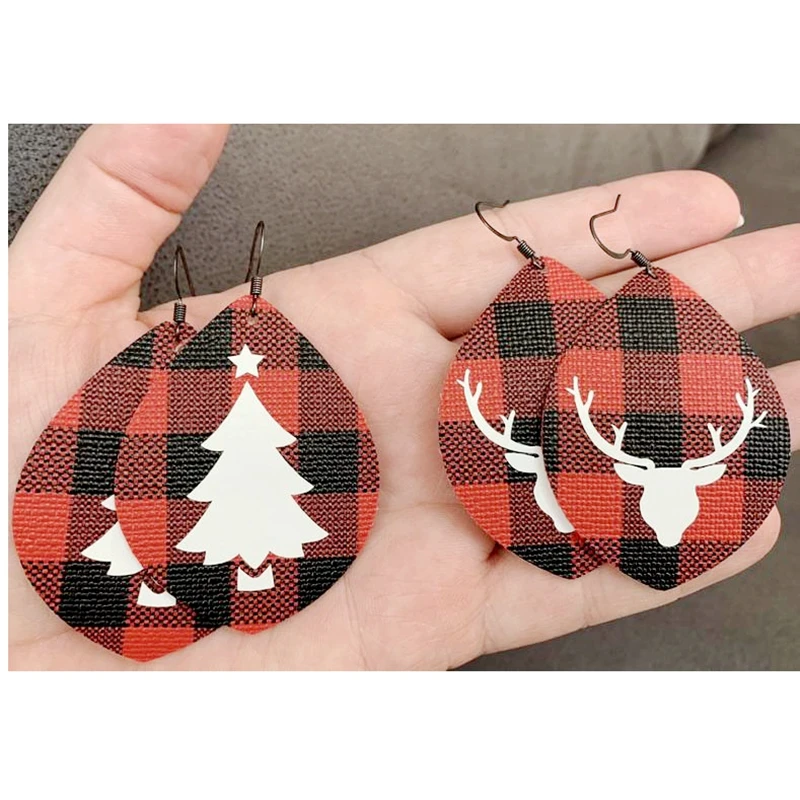 

new !!we can customize red and black buffalo plaid christmas faux leather dangle earrings mama bear, xmas tree teardrop earrings