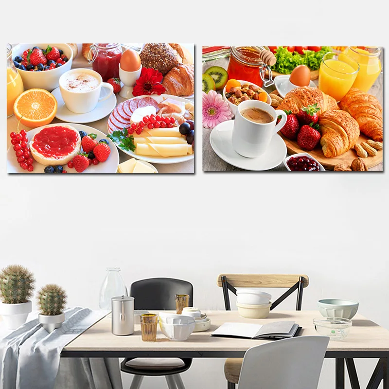Картина на холсте Постер для гостиной кофе и хлеба восхитительные фрукты еда