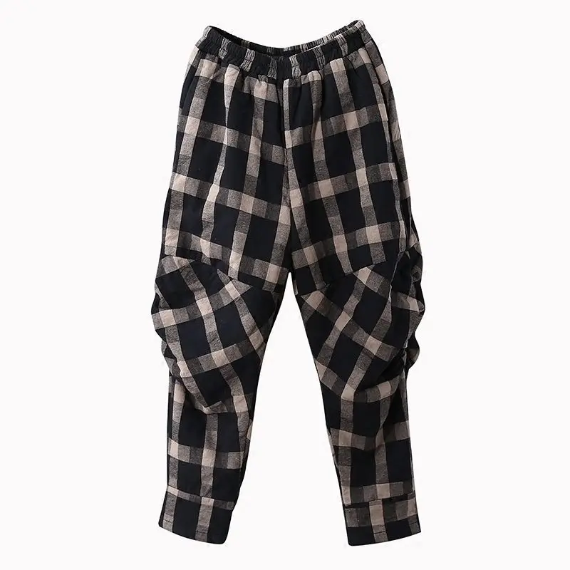 

Spring Plaid large size loose meat covered pants wear wrinkled radish pants national style retro Harem Pants women's pants