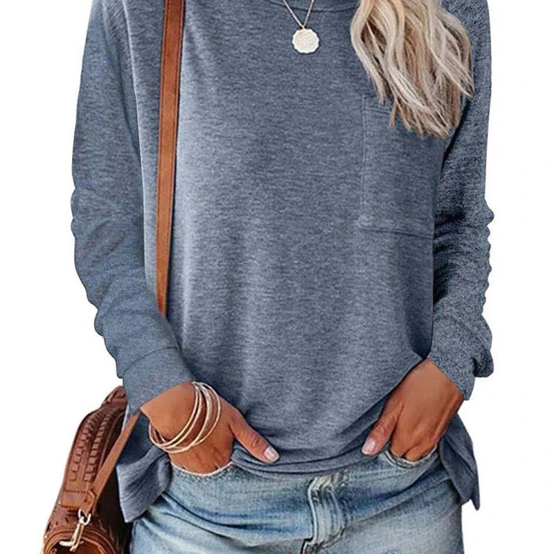 

2021 Fall European and American Women's Top Round Neck Striped Pocket Long Sleeve Casual Loose Top clothing women