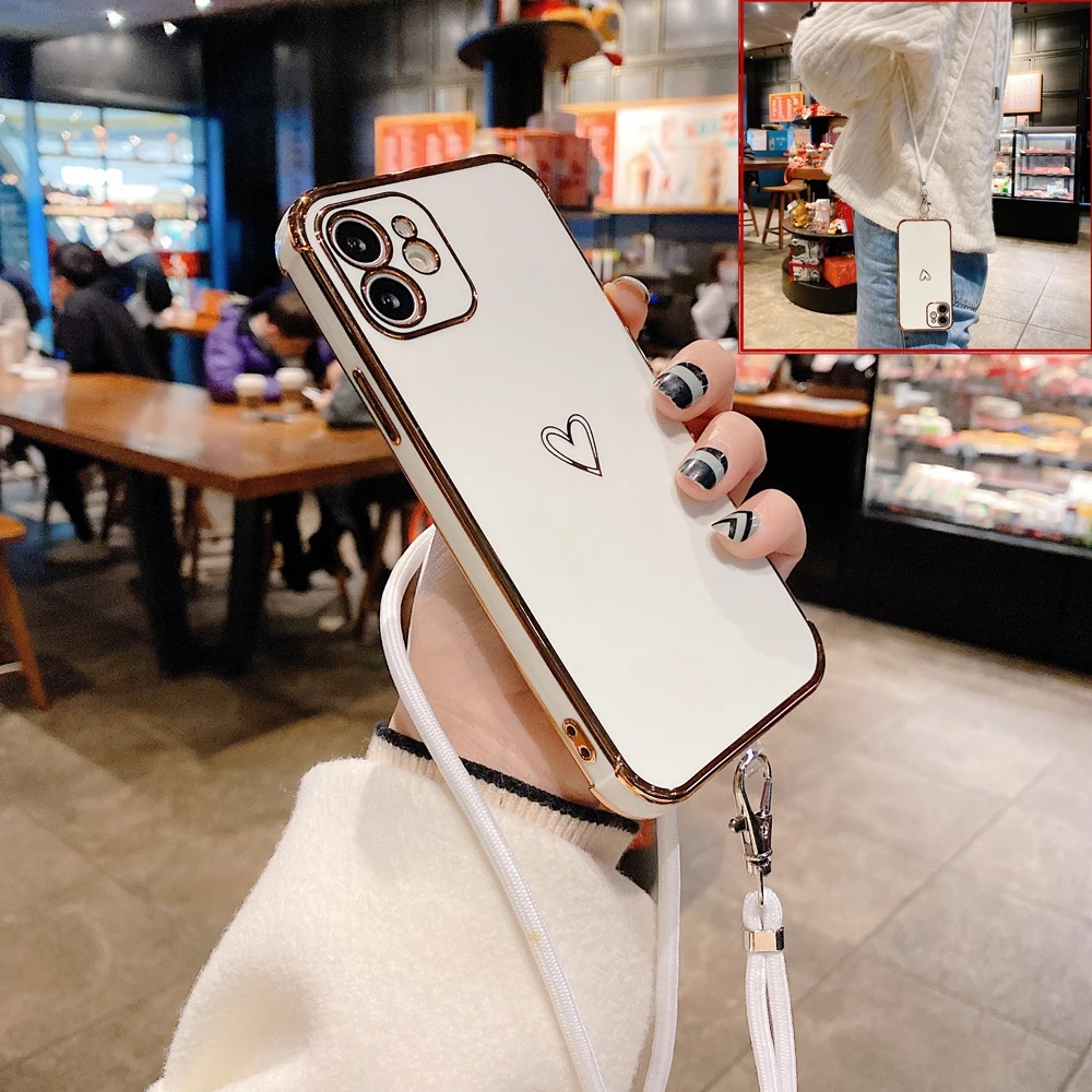 

Shoulder Chain Necklace Strap Phone Case for iPhone 12 Mini SE 2020 11 Pro Max 10 X Xs Xr 7 8 Plus Love Heart Soft Silicon Cover