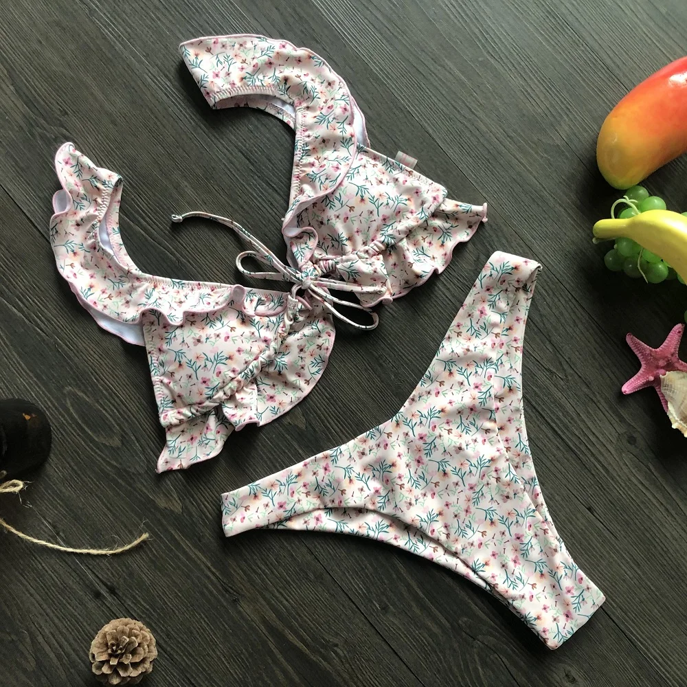 Женский летний пикантный купальник бикини с цветочным принтом и оборками