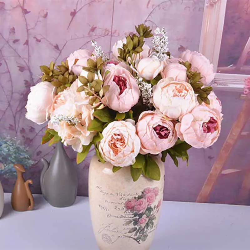 

European Style Quality Bouquets Silk Peony Artificial Flowers Rose Pink Fake Flower Bouquet WIth Bud for Home Wedding Decoration