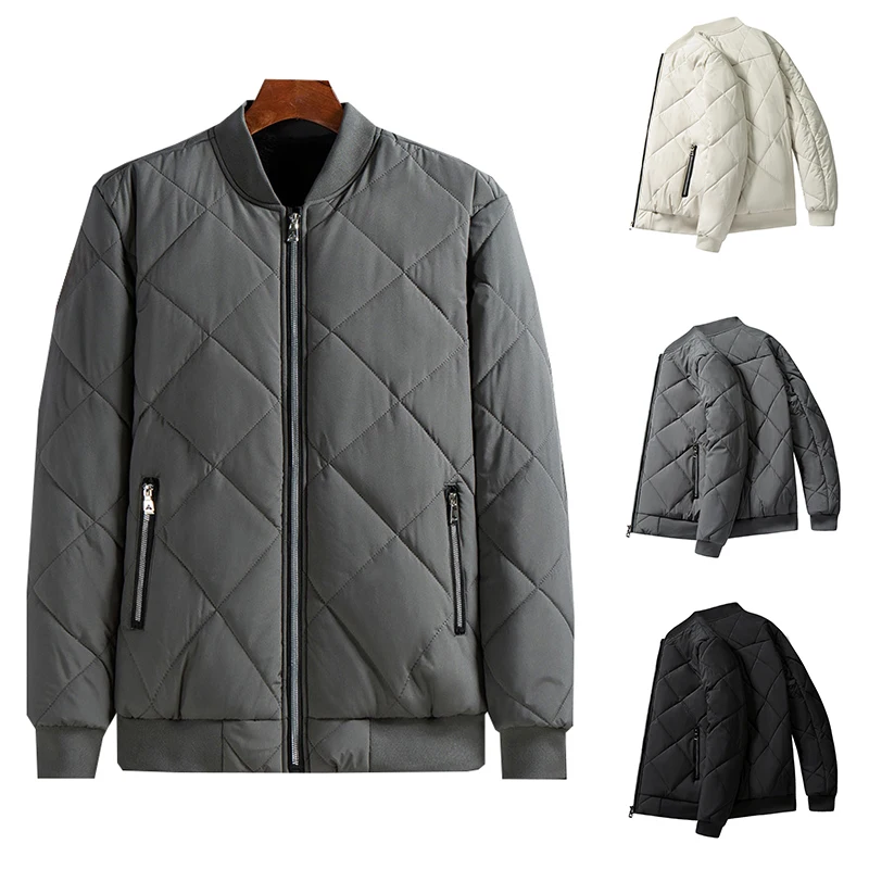 

Stand Collar Long Sleeve Warm Coat Zip Comfort Winter Jacket Overcoat Stylish Simplicity Solid Color Bomber Jacket Thick Clothes