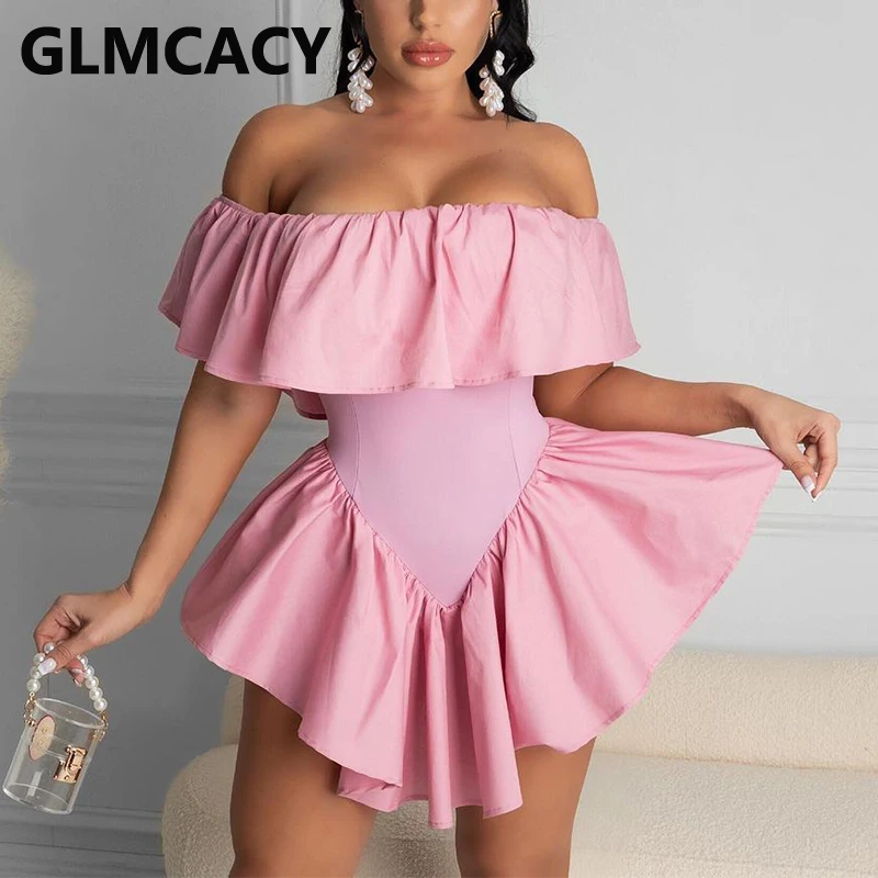 

Women Off Shoulder Ruffle Design Asymmetrical Hem Solid Color Mini Dress