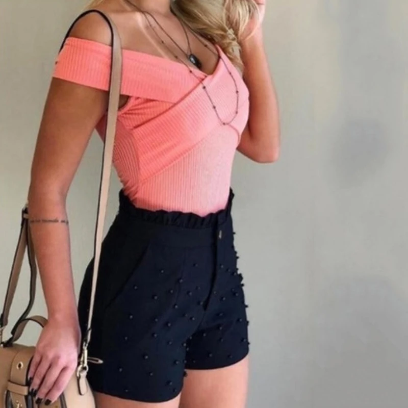 

Women's Cute Soild Color Shorts Bead Decoration High Waist Female Caual Summer Ladies Shorts For Women