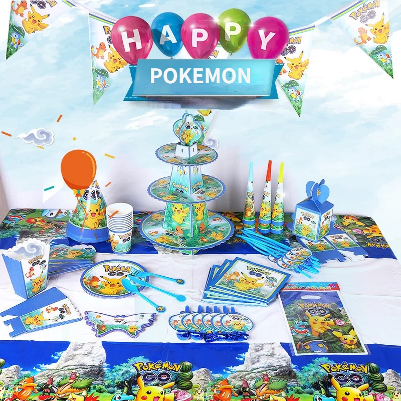 

Pokemon Birthday Party Decoration Supplies Children's Birthday Holiday Party Layout Disposable Paper Cups Plates Christmas gift