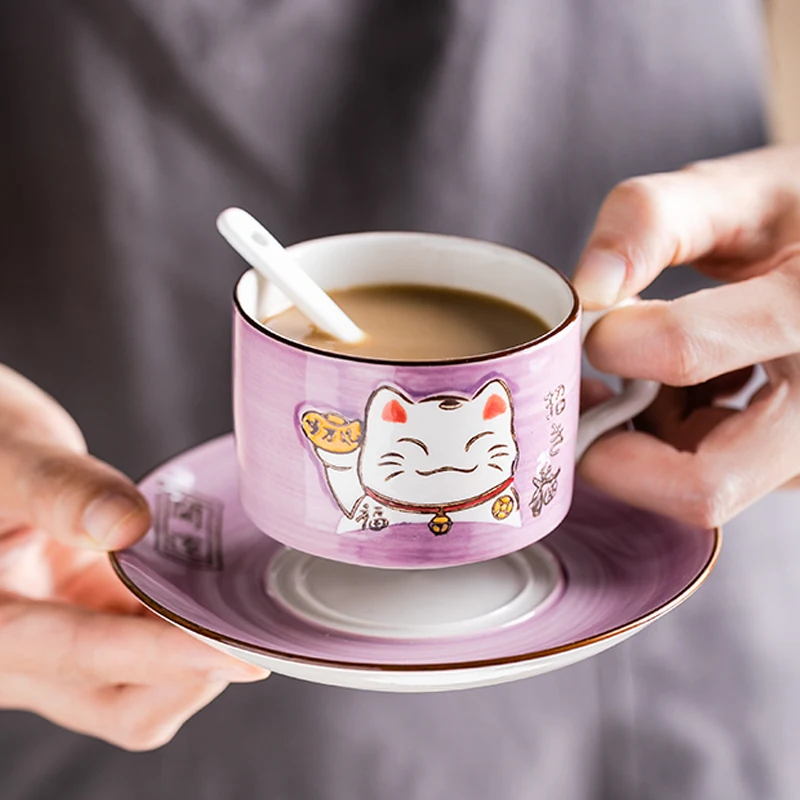 

Japan Style Carton Cat Ceramic Coffee Mug Cup And Saucer Home Afternoon Tea Set with spoon Tray Green Blue Coffee Set