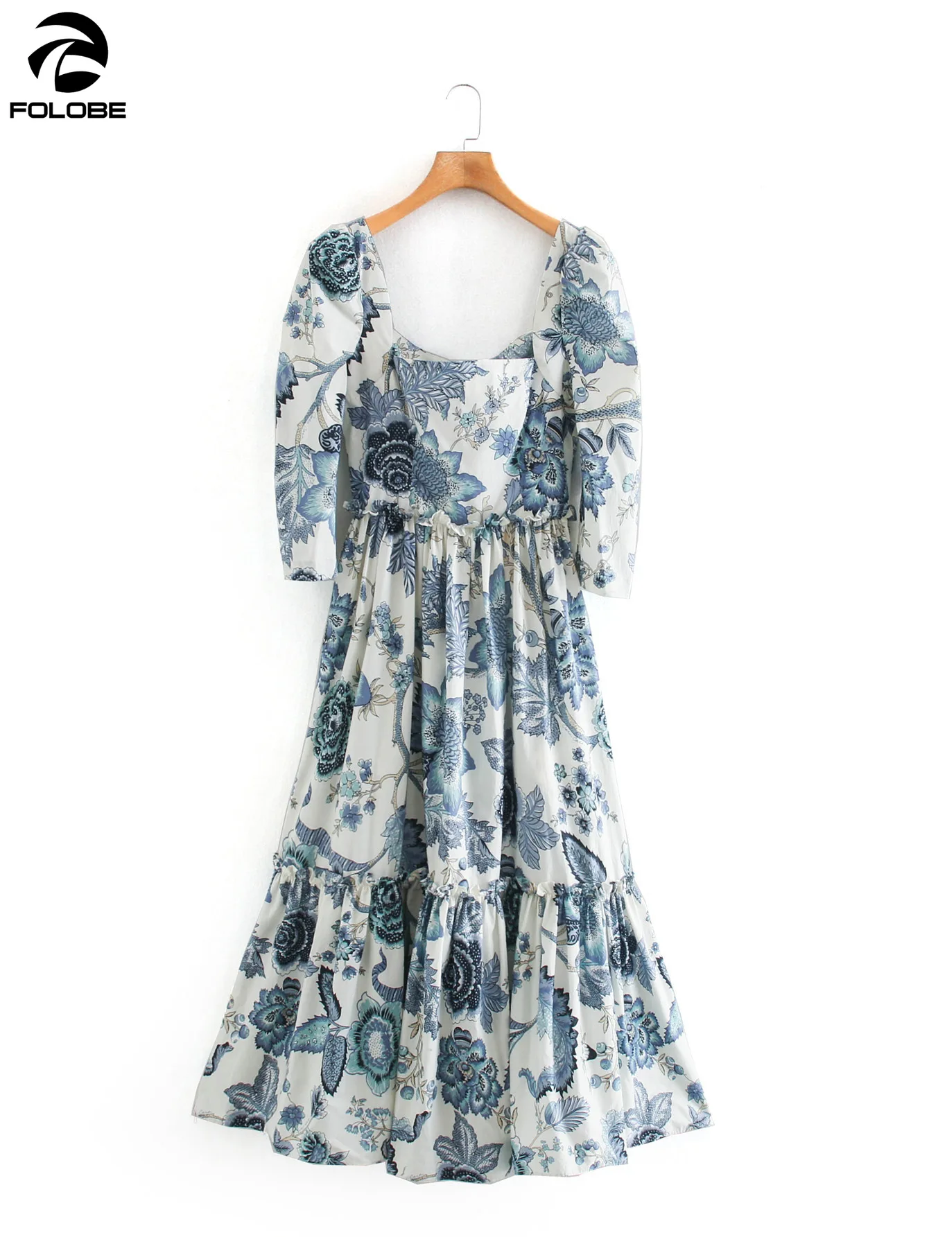 

FOLOBE 2021 Floral Print Dresses Women Square Collar Ruffles Three Quarter Sleeve A-line Midi-calf Dress Female Vestido