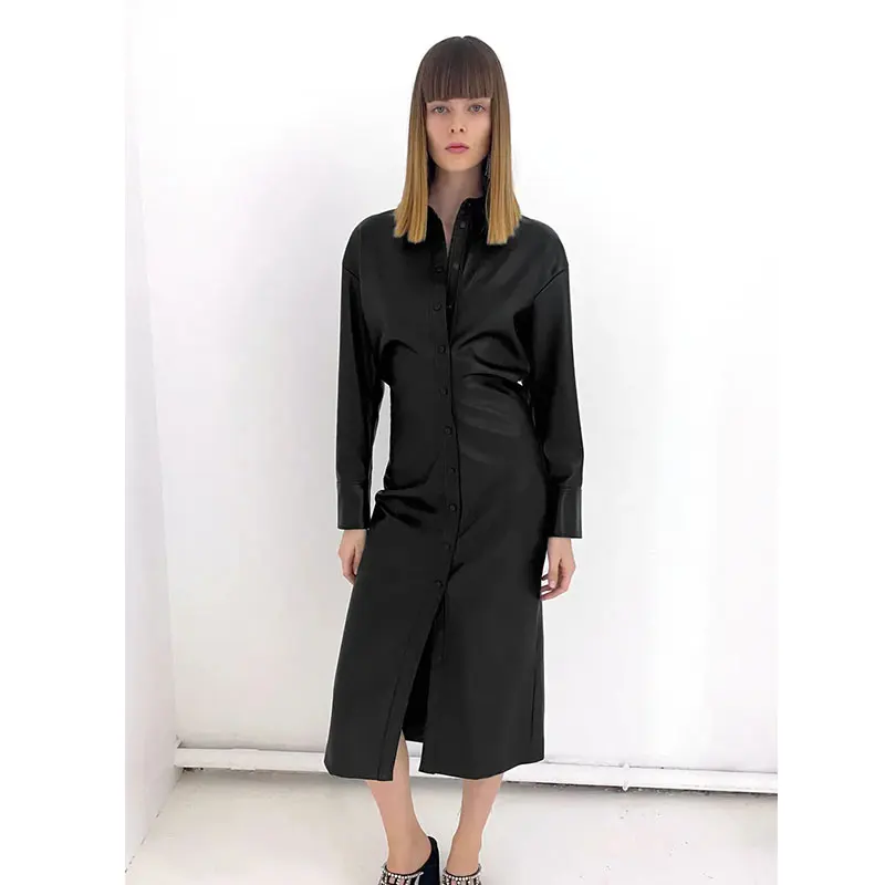 

Платье женское длинное на пуговицах с воротником-рубашкой и длинным рукавом