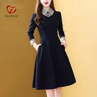 2021 new deep blue woman dress knee length cotton office lady a line dress women french spring autumn vestidos solid