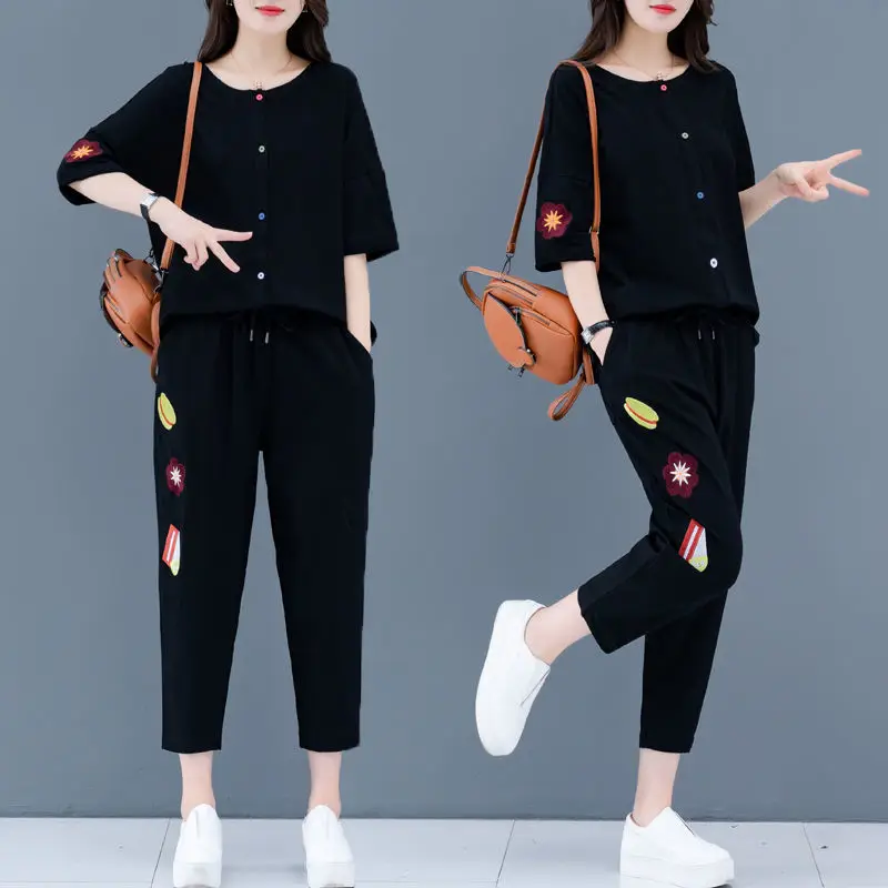 

Sports Suit Women 2022Summer New Loose Short-Sleeved T-Shirt Set Female Embroidered Casual Wear Ladies Two-Piece L775