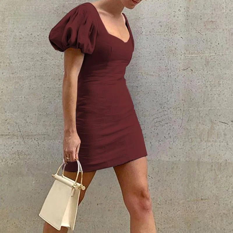 

Womens 2021 Summer Mini Dress Lady Solid Puff Sleeve Robe Party Elegant Back Drawstring Dresses 5XL Sexy V Neck Vestidos