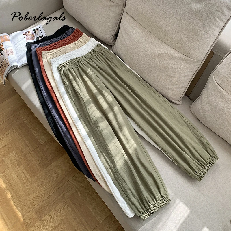 Корейские женские хлопковые льняные повседневные свободные брюки с эластичной