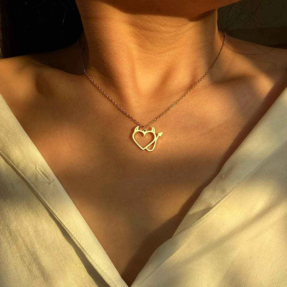 Ожерелья из нержавеющей стали в форме сердца крылья дьявола хвост Готическая